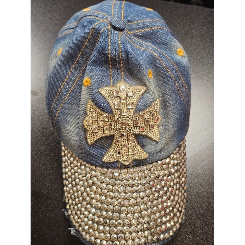 Rhinestone Cross Blue Denim Baseball Cap Distressed Studded Brim Hat Y2K Bling